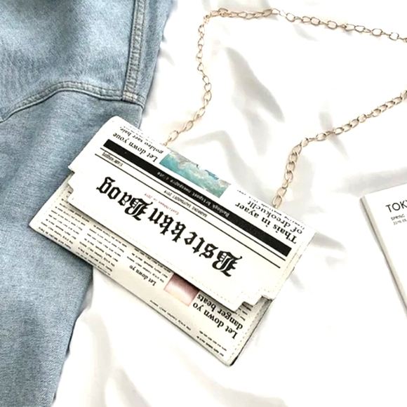 unbranded Handbags - Newspaper Print Flap Crossbody Purse, Clutch, Snap Added Gold Chain New! 8" X 5"
